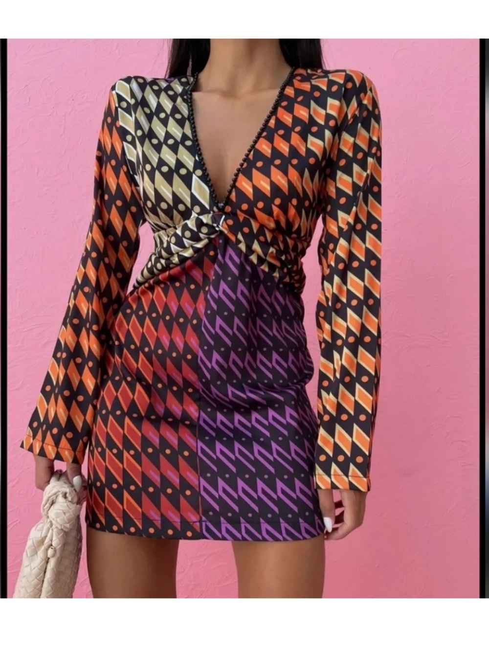 Zara Multicolor Geometric Twist-Front Mini Dress